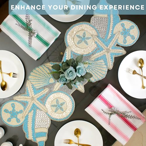 ALPHA Living HOME Blue Ivory Beaded Table Runner 36 Inch Glass Bead Decor - color: Sky Blue Ivory