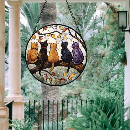 5 Cats on a Branch Stained Glass Window Hanging Suncatcher Gifts 9.8" - color: Black, size: 9.8x9.8 IN