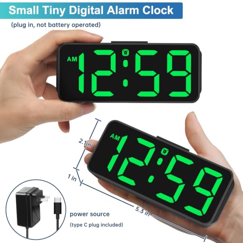 Peakeep Small Digital Alarm Clock for Bedroom, Large Number, Battery Backup - color: Green Digits (Plug-in, Ultra-compact)