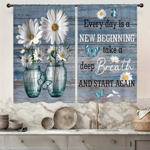 Farmhouse Rustic Daisy Flower Kitchen Curtains 2 Panels Teal Blue Plank Inspirational Quote Small Short Cafe Tier Window Treatment Drapes Butterfly Bathroom Bedroom Curtain 27.5W X 39L Inches - color: 10 Farmhouse Rustic Daisy, size: 27.5"W x 39"L (Pack o