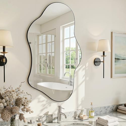 Irregular Wall Mirror, 28"x40" Wavy Cloud Bathroom Vanity Mirrors - size: 40"L x 28"W