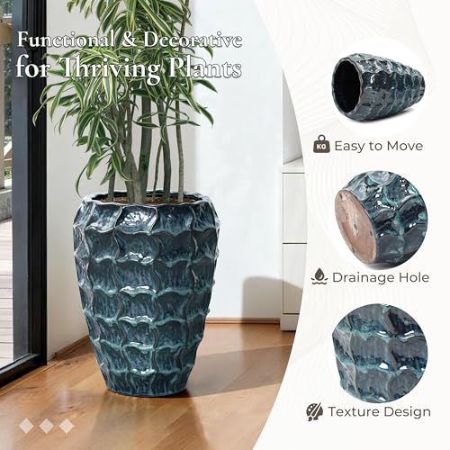 LuxenHome 17.7" Blue Ceramic Plant Pot, Tall Planter with Geometric Texture