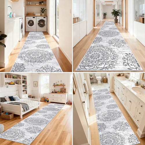 HEBE Hallway Runner Rug 3'x18', Washable Non Slip Kitchen Rug Runner - color: Grey, size: 3' x 18' (Rectangular)