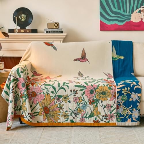 Boho Throw Blanket, 100% Soft Cotton Floral Quilt, King 90"x 98" - color: Plain Bird, size: King 90"x98"