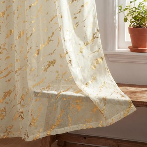 Horaldaily 2Pcs Beige Tier Curtains for Window 52x36in, Gold Sequin Marble - color: Beige and Gold, size: 52"W x 36"L (Pack of 2)