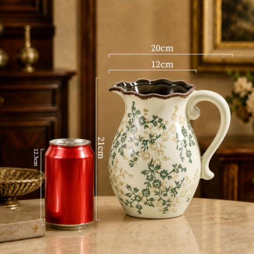 Ceramic Pitcher Vase with Handle, 8.3 Inch Vintage Rustic Farmhouse Vase with Crackle Glaze, Hand-Painted Green Vine Floral, Decorative Water Jug for Living Room, Kitchen, Dining Table Centerpiece - color: Green and Beige