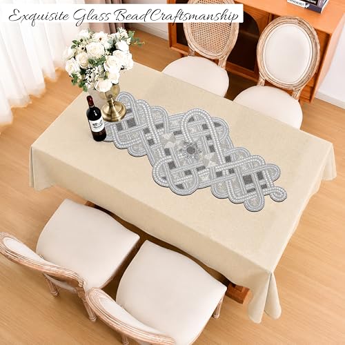 Handmade Beaded Table Runner 13 x 36 Inch, Grey Silver Decorative Glass Bead Table Runner with Polyester Back, Elegant Dining Table Centerpiece for Coffee, Wedding, Holiday & Farmhouse Home Décor - color: Grey Silver