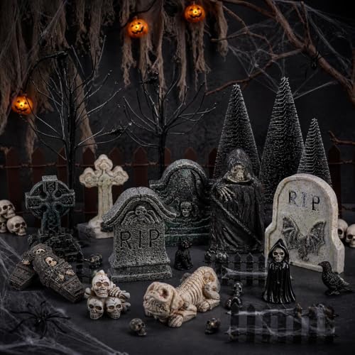 YLOLUL 48 Pcs Fluorescent Halloween Village Accessories Miniature All Saints' Day Figurines Glow in The Dark Mini Tombstones Skeleton Tiny Trees for Halloween Town Decorations Party Table Decor - color: Fluorescent