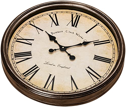 Bernhard Products Large Decorative Wall Clock 20 Inch Silent Non Ticking Battery Operated Quartz Vintage Stylish with Rustic Dark Brown Rim for Home Living/Dining Room Kitchen & Over Fireplace - style: Rustic Brown