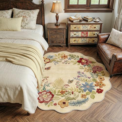 FMFUNCTEX 4ft Round Washable Beige Floral Scalloped Area Rug for Entryway - color: Beige, size: 4' (Round)