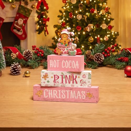 Smile 4 Wooden Christmas Signs, Hot Cocoa Pink Gingerbread Decor - style: Pink Christmas