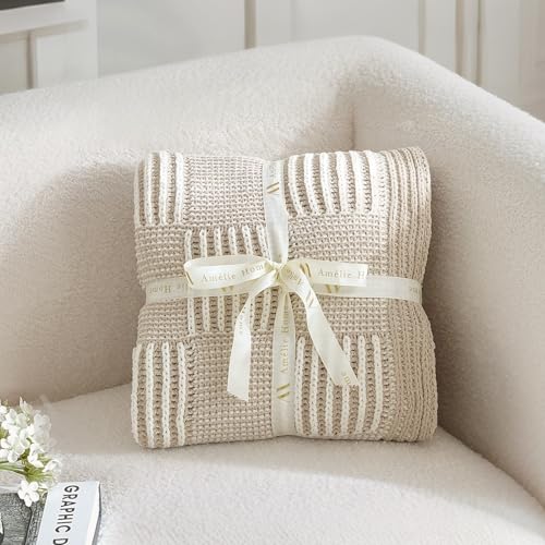 Amélie Home Checkered Chenille Knit Throw Blanket for Bed, Beige 60"x80" - color: Checkered Beige, size: 60" X 80"