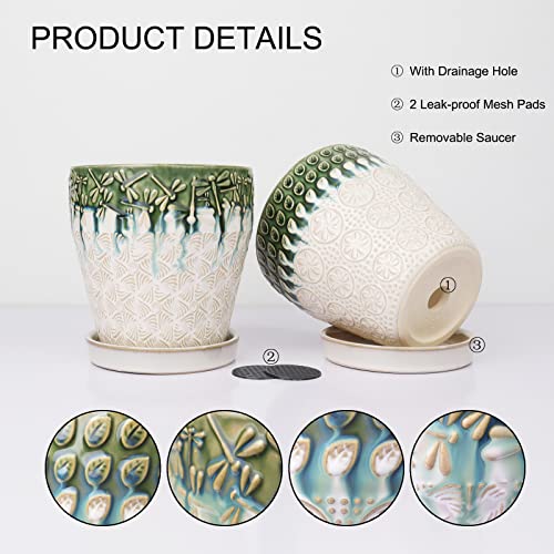 6 Inch Ceramic Planter Pots with Drainage Holes, Saucers and Mesh Pads for Indoor-Outdoor Plants, Succulent Orchid Flower Large Round Plant Pot, Set of 2 (Green+White) - size: set of 2-6inch