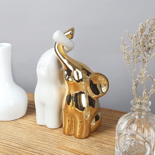 QINJIEJIE Golden Elephant Statue Figurines Loving Elephant Gift for Couples - color: Golden & White