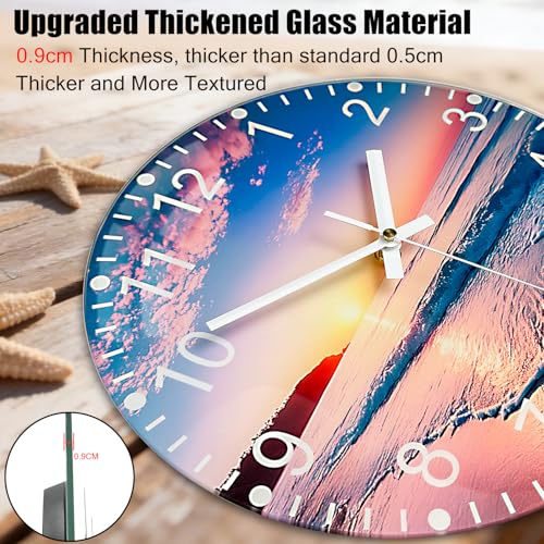 Battery Operated Wall Clock with Beach Sunset Pattern - 10 Inch Thick Glass Silent Non Ticking Analog Clock, Quartz Large Numbers Modern Wall Clocks for Living Room Bedroom Bathroom Office Gym - color: Blue Red, size: 10 Inch