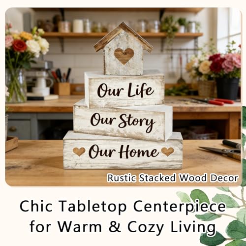 Farmhouse Tiered Tray Decor, 4pcs Our Life Our Story Our Home Table Decor - style: Family