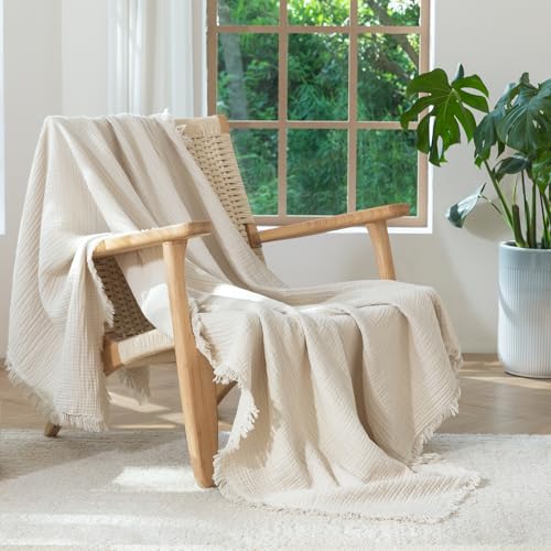 MooMee 100% Cotton Muslin Blanket, Fringed 4-Layer Gauze Bed Couch Throw - color: Beige, size: Throw