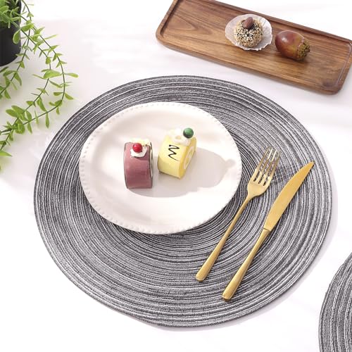 SHACOS Round Braided Placemats Set of 6 Round Table Mats 15 inch Cotton Washable for Holiday Party (Black Gray, 6) - color: Black Gray, size: Set of 6