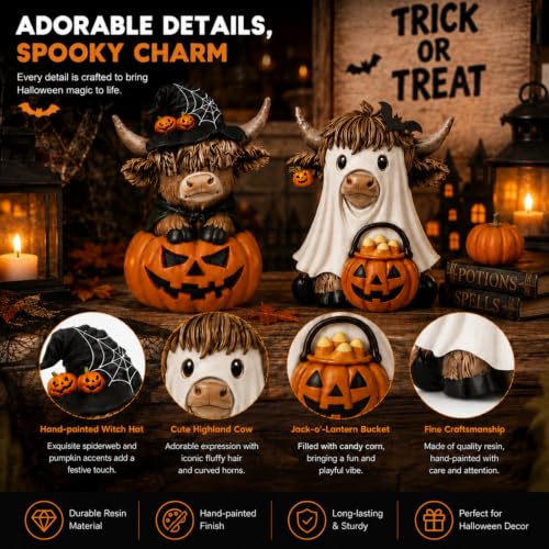 Karenhi 2 Pcs Halloween Highland Cows Figurines Resin, Pumpkin Decor - style: Ghost