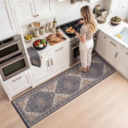 LUMI Kitchen Floor Mat Cushioned Anti Fatigue Runner Rug, 24"x87" - color: Navy & Taupe, size: 87"L x 24"W x 0.4"Th