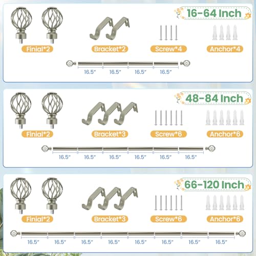 Nickel Curtain Rod 28 to 48 Inch, Heavy Duty Drapery Pole Iron Cage - color: Nickel, size: 18-64"