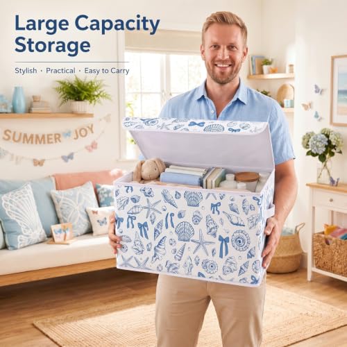 Briwooody Beach Storage Bin with Lid and Carrying Handle Coastal Blue Bow Seashell Foldable Storage Box Summer Bachelorette Party Decorative Collapsible Container Basket for Closet Home Bedroom Gift - style: Blue Bow Seashell