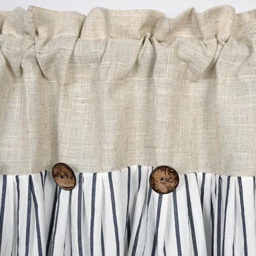 DOSLY Ides Farmhouse Rustic Cotton Valance Curtain, Navy Blue Striped Pleated Design with Coconut Buttons, Multi-Room Window Treatment for Kitchen Living Room Bedroom, 52x18 Inch - color: Linen & Blue Striped, size: 52"W x 18"L (Pack of 1)
