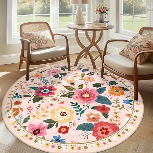 RELEANY Floral Washable Round 4ft Area Rug Pink - color: Pink, size: 4' (Round)