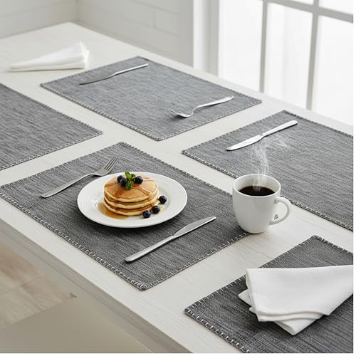 Dining Table Placemats with Decorative Stitched Edge Textured Cotton Cloth Kitchen Table Mats Machine Washable Woven Fabric Dinner Mats Washable Table Plate Mats Grey 14”x20” Set of 4 - color: Grey, size: 14"x 20"