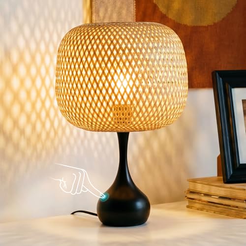 ONEWISH Touch Bedside Lamp for Bedroom, 3-Way Dimmable Table Lamps for Nightstand, Handwoven Bamboo Shade Desk Lamp for Living Room, Home Office - color: Natural Bamboo Shade & Black Base