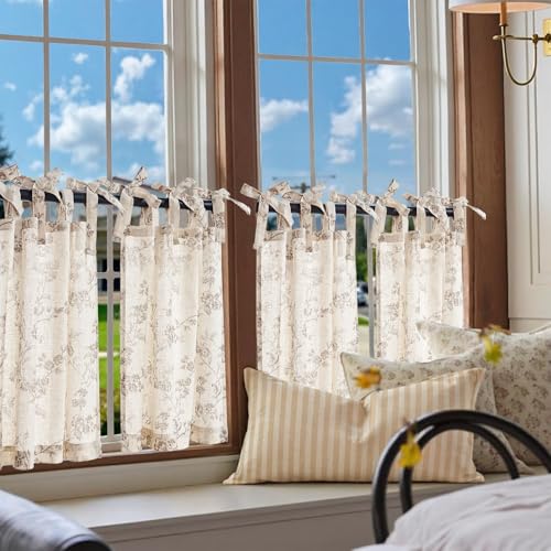jinchan Taupe Floral Kitchen Tier Curtains Alisa 24 Inches Tie Top 2 Panles - color: Alisa Taupe on Linen, size: 26"W x 24"L (Pack of 2)