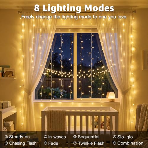 Ollny Curtain Lights 600 LED 19.7x9.8ft, Outdoor Waterproof String Lights - color: Warm White, size: 600 LED