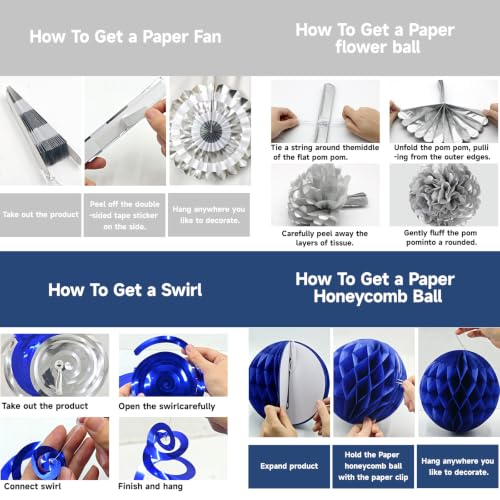 24 Pcs Blue Silver Party Decorations, Paper Fans Pom Poms Banner 8-16 in - color: Blue and Silver