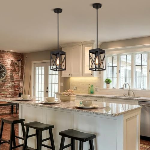 2 Pack Rustic Farmhouse Metal Pendant Light Fixture One-Light Adjustable Rods Modern Metal Lantern Cage Small Pendant Lighting for Kitchen Island Sink Hallway Bathroom Bar Farmhouse, Black - size: Small 2 pack