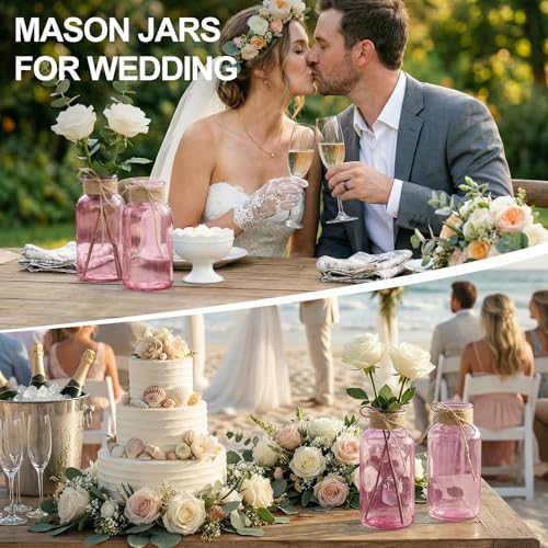 Mason Jars for Centerpiece Glass Flower Bud Vase Pink Vases, 6 Pc - color: Pink