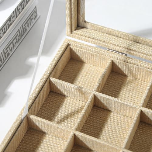 Coward Jewelry Organizer Box, Yellow Linen 24 Grids Ring Earring Jewelry Display Tray Case with Transparent Glass Lid for Home Drawer or Shop Selling - color: Yellow Linen, size: 24Grids Box
