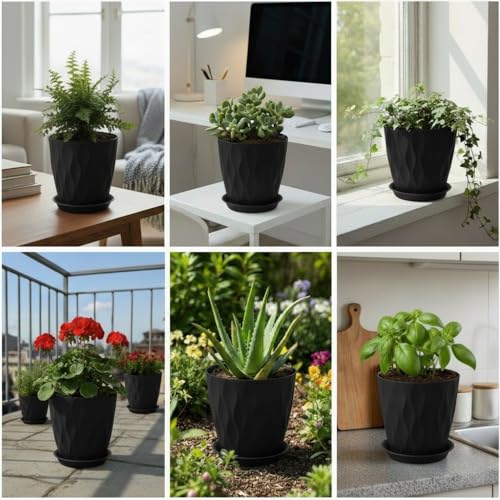 6 Pack 8 Inch Plastic Plant Pots with Drainage Holes and Trays, Black - color: Black 8 Inch