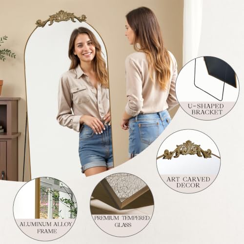 MISSDAY Vintage Baroque Full Length Mirror, 65"X24" Antique Large Arched Full Body Mirror Freestanding with Carving Top, Full Metal Frame Stand Up Retro Mirrors for Bedroom Living Room, Bronze - color: Bronze, size: 65"L x 24"W