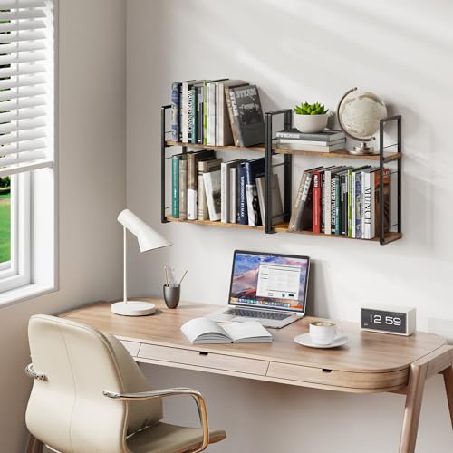 2-Layer Wall Bookshelf for Book Storage, Floating Book Shelves for Wall, Space Saver, 16in Stud Hanging Books helf, Bedside Shelf for Living Room Bedroom Office, 2 Packs-Dark Brown - color: 2pc Dark Brown