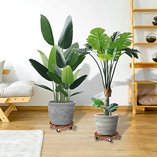 HOHY 2 Pack 12" Plant Caddy, Plant Stand with Wheels Wooden, Round