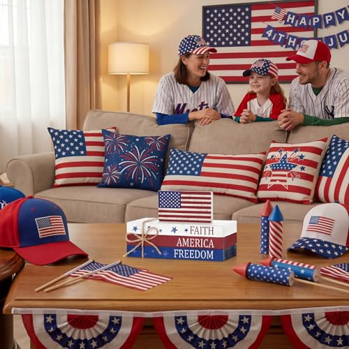 Smile Patriotic Wooden Block Stack with American Flag Decor, 4-Piece "Faith America Freedom" Tiered Tray Tabletop Sign for 4th of July & Memorial Day - style: Flag