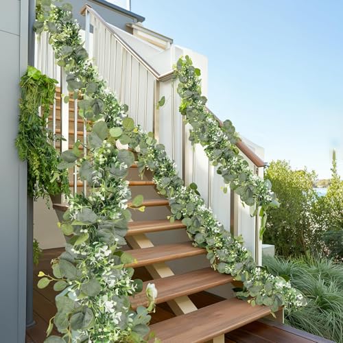 N&T NIETING 4 Pack Artificial Eucalyptus Garland with Lights, 6FT Artificial Greenery Summer Garlands, Battery Operated Twig Vine for Room Stairs Mantle Wedding Holiday Decoration Indoor Outdoor - size: 4