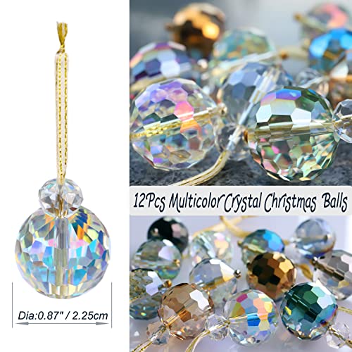 12 Pcs Multicolor Crystal Glass Christmas Balls Ornaments, 0.87" Mini Colorful Prism Ball Xmas Tree Decorations, Hanging Ornament Clearance for Wedding Party Home Decor(Multicolor) - color: Multi Color