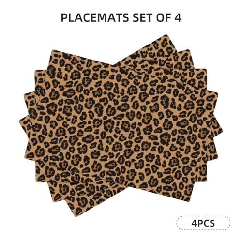 Black Brown Leopard Placemats Set of 4 Linen Washable 12x18 inch - color: Leopard