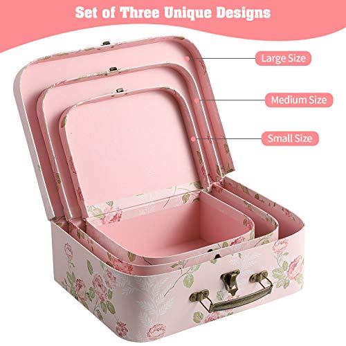 Set of 3 Paperboard Suitcases Storage Box Storage Gift Boxes With Lids for Photo Storage Home Decoration, Wedding, Birthday, Anniversary and New Year Gift Decoration (3Pcs, Pink Flowers) - color: Pink Flowers