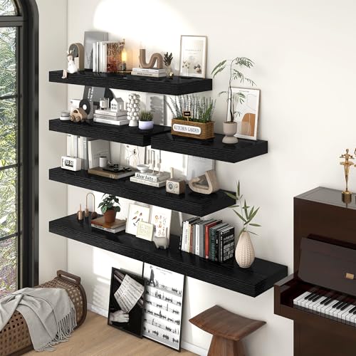 36 Inch Long Floating Shelves for Wall Set of 2, 12"D Wood Grain Shelves - color: Black, size: 36"Wx12"Dx2"H, 2P