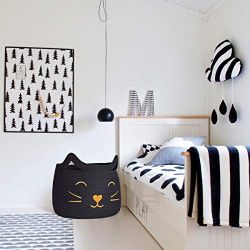 Large Woven Rope Cat Toy Basket with Cat Face Design, Black - color: Black, size: 15.7"W x 11.8"H