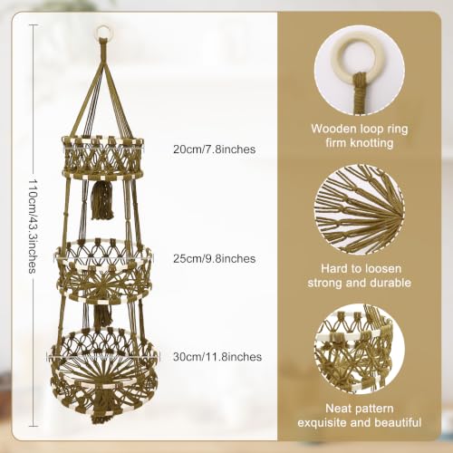 3-tier Hanging Fruit Baskets for Kitchen, Woven Cotton Rope Fruit Hammock, Macrame Hanger Holder for Fruit Vegetable Produce Storage & Organization, Boho Hanging Plant Holder for Indoor Outdoor - color: Caramel