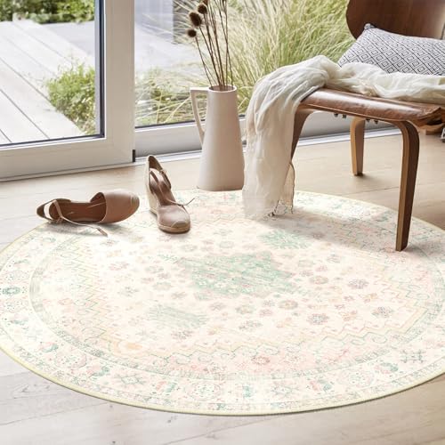 MUJOO Round Rug 4ft Small Cicle Area Rug Washable Low Pile Pink and Green - color: Pink and Green, size: 4' (Round)
