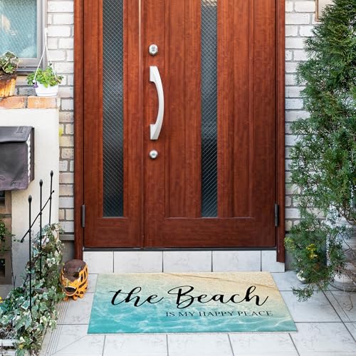 Jvpke Coastal Beach Door Mat, The Beach is My Happy Place Door Mat Indoor Outdoor Entrance Porch, Ocean Coastal Bath Mats for Bathroom, Beachy Welcome Mats, 17x30 Inches - color: The Beach